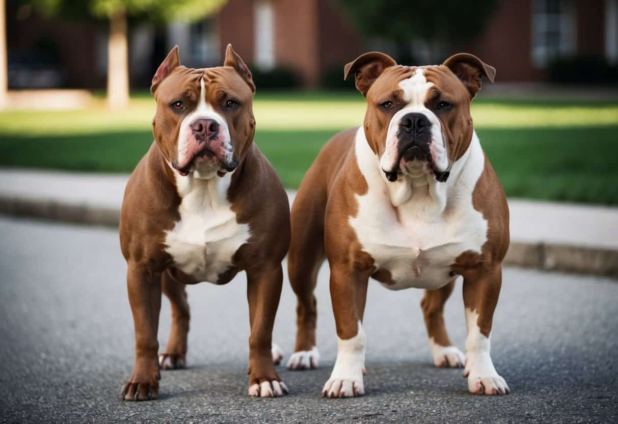 A pitbull and American bulldog stand side by side, showcasing their distinct physical characteristics. The pitbull has a more muscular build and a wider head, while the American bulldog has a larger and more square-shaped head