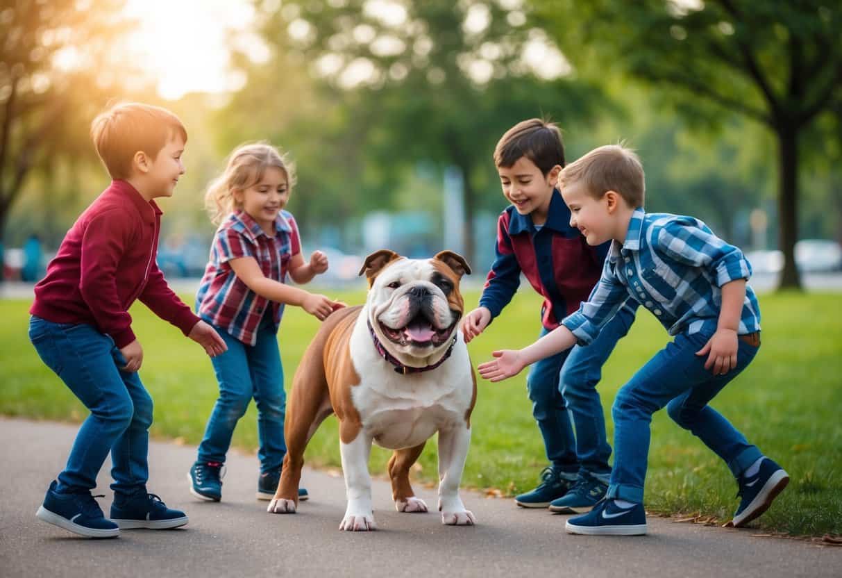 An American Bulldog happily plays with a group of children in a park, wagging its tail and showing affectionate behavior