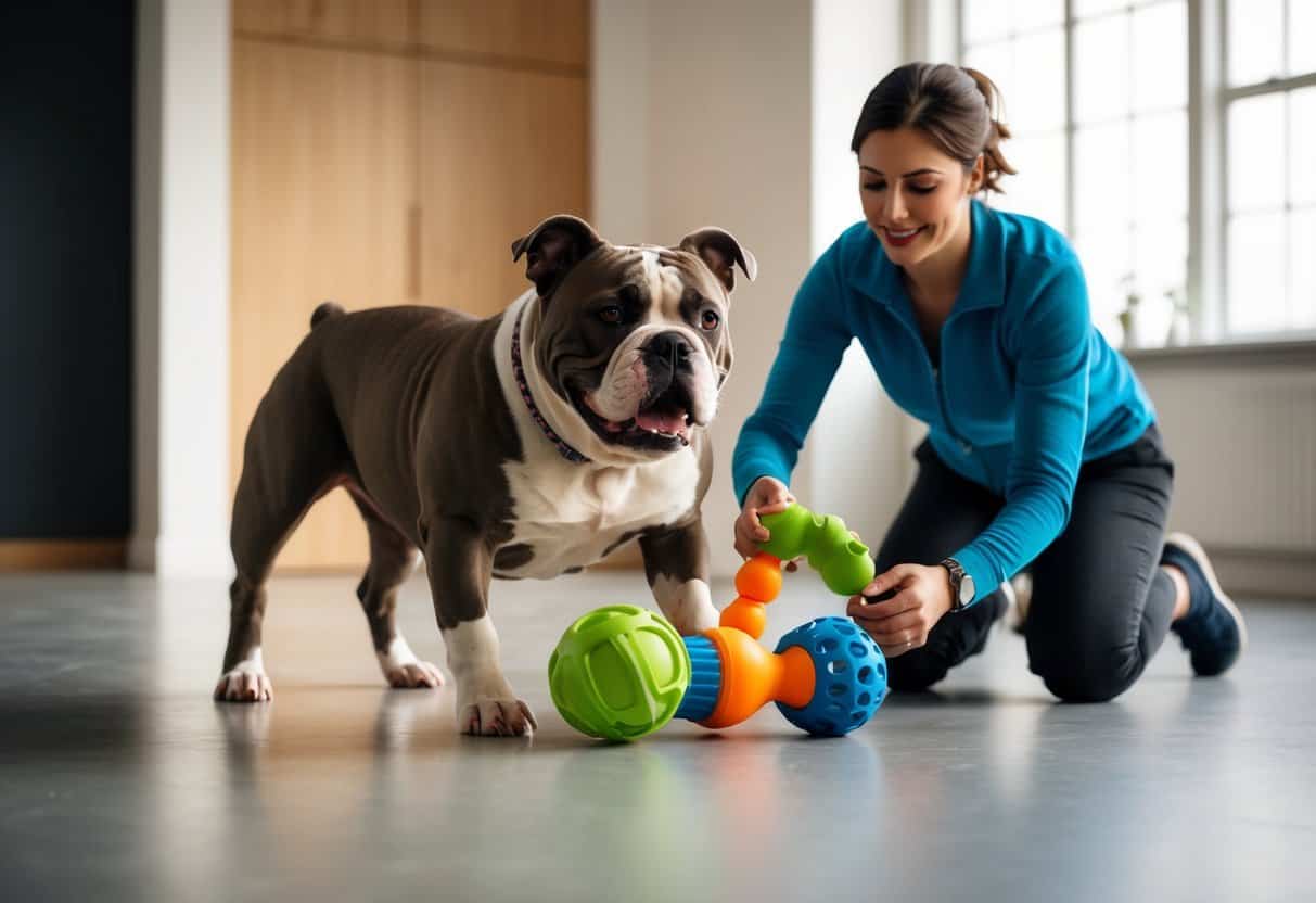 An American bulldog playing with a variety of interactive toys, receiving training from its owner in a spacious, well-lit room