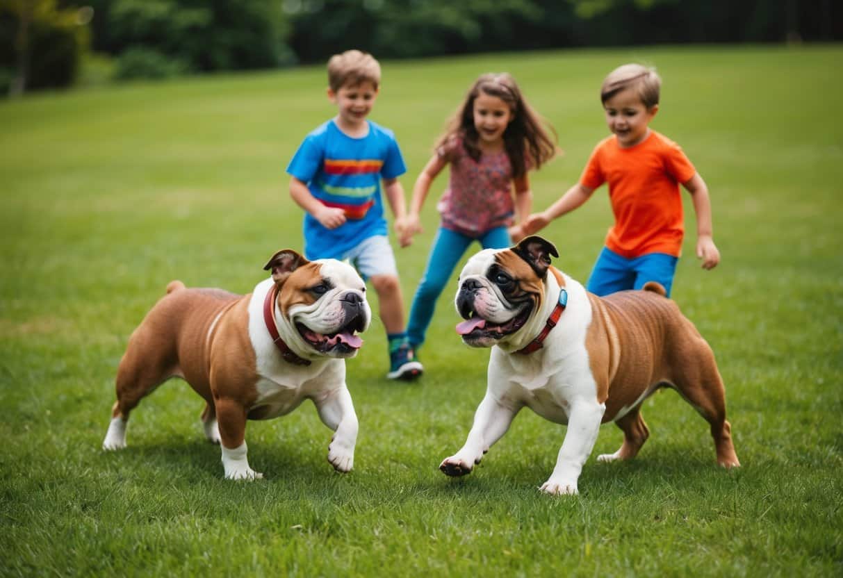 Two American bulldogs playfully interact with a group of children in a spacious, grassy backyard