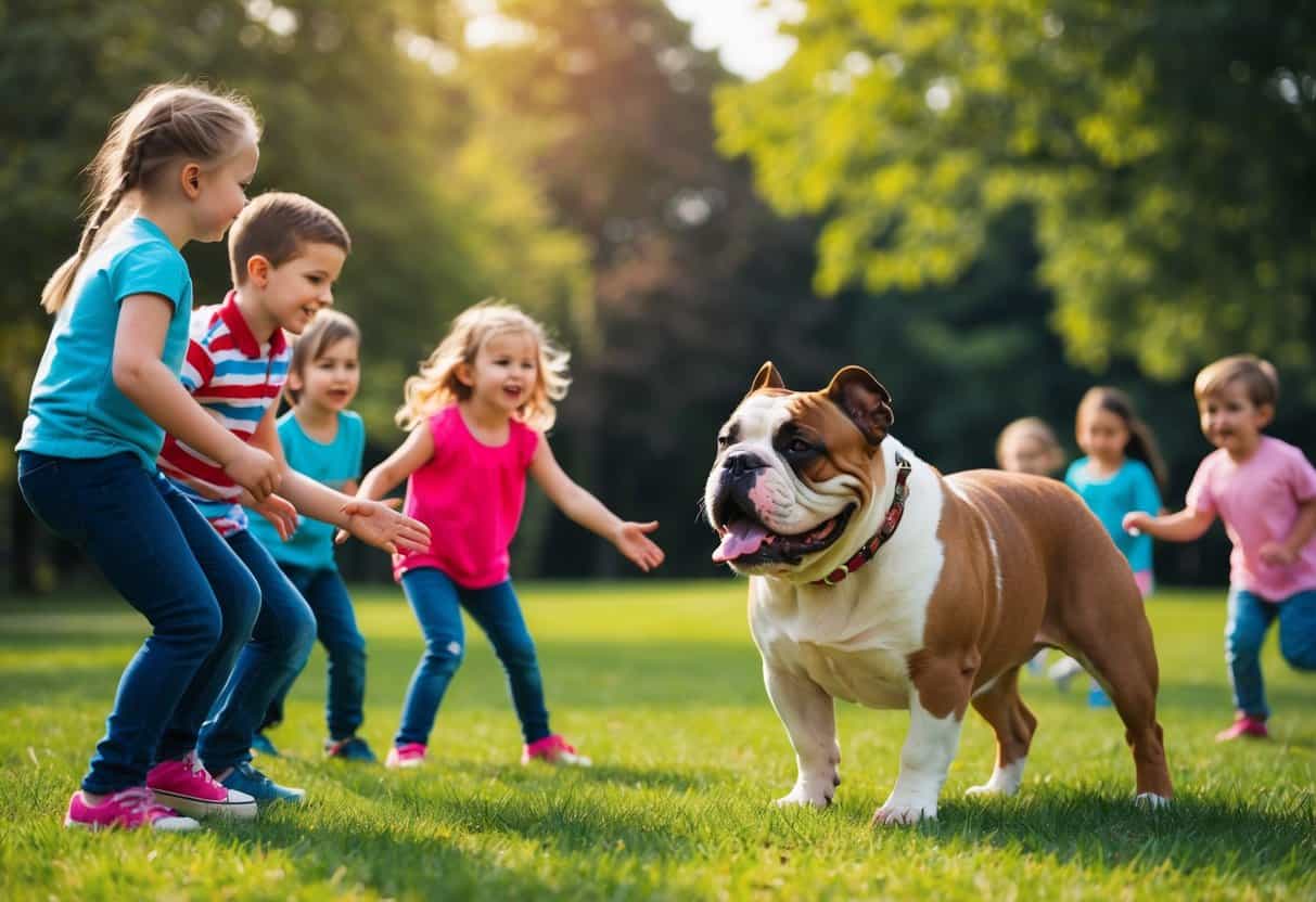 An American bulldog happily greets a group of children playing in a park, wagging its tail and showing its friendly nature