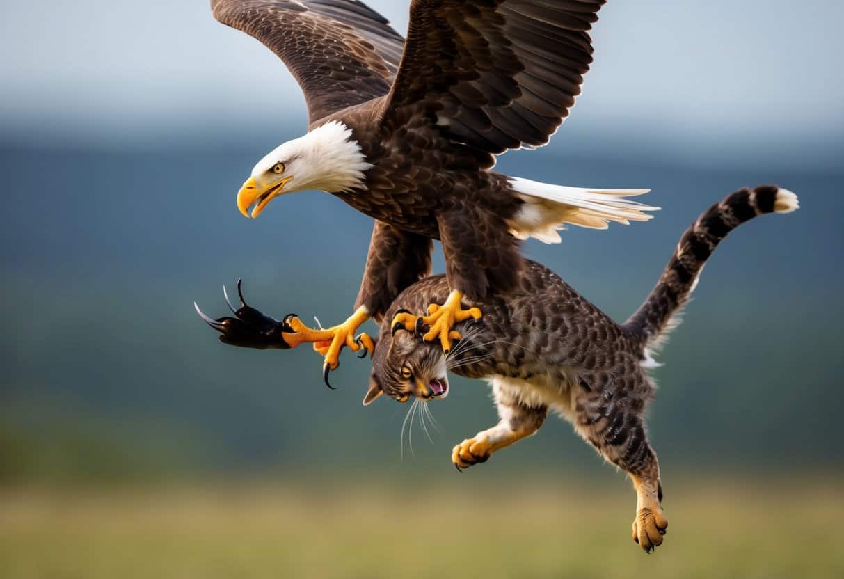 A bald eagle swoops down, its sharp talons gripping a struggling cat in its powerful claws, ready to carry it away