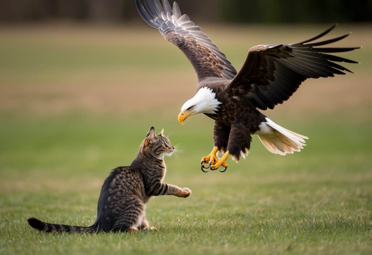 A bald eagle swoops down towards a small cat, which crouches defensively, its fur bristling as it tries to evade the eagle's sharp talons
