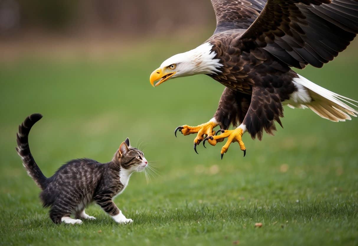 A bald eagle swoops down towards a small cat, causing the feline to crouch in fear as the eagle's talons reach out towards it