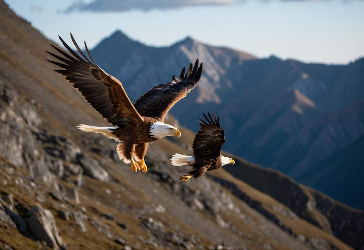 A golden eagle outpacing a bald eagle in a high-speed aerial chase over a rugged mountainous terrain