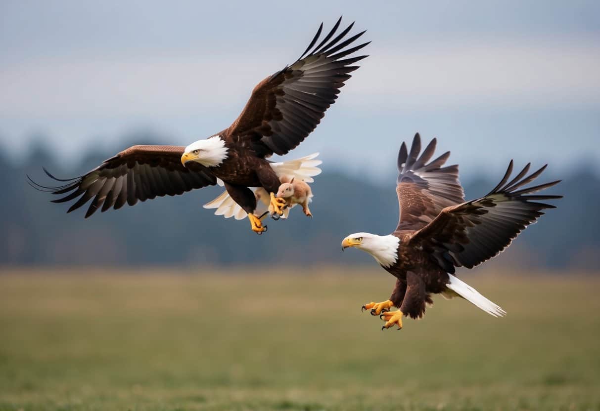 A golden eagle outpacing a bald eagle in flight, with a rabbit clutched in its talons