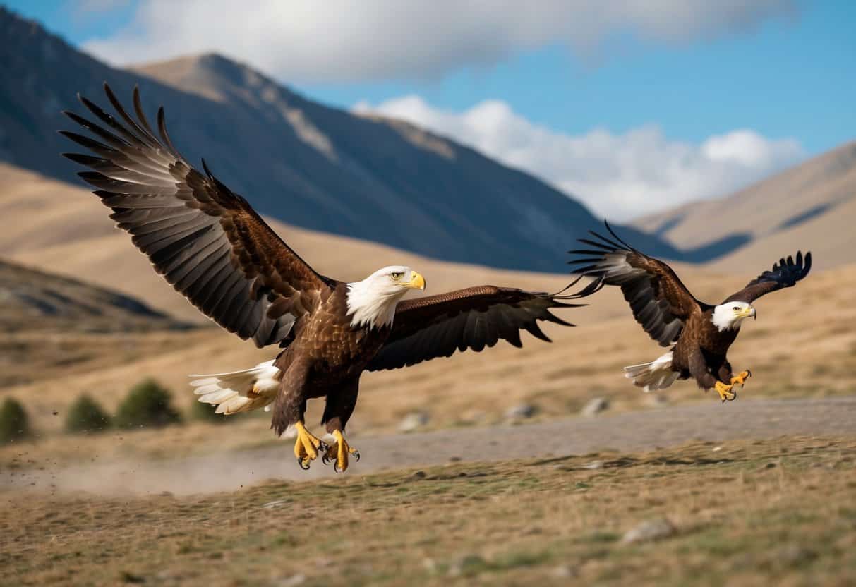 A golden eagle outpaces a bald eagle in a high-speed pursuit through a mountainous landscape, showcasing their conservation and significance in the natural world