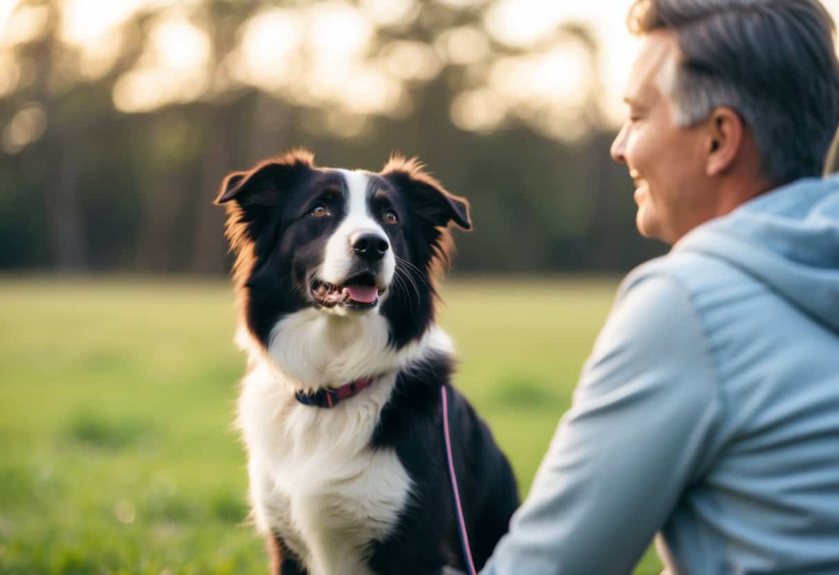 A border collie standing close to one person, looking up at them with a relaxed and attentive expression