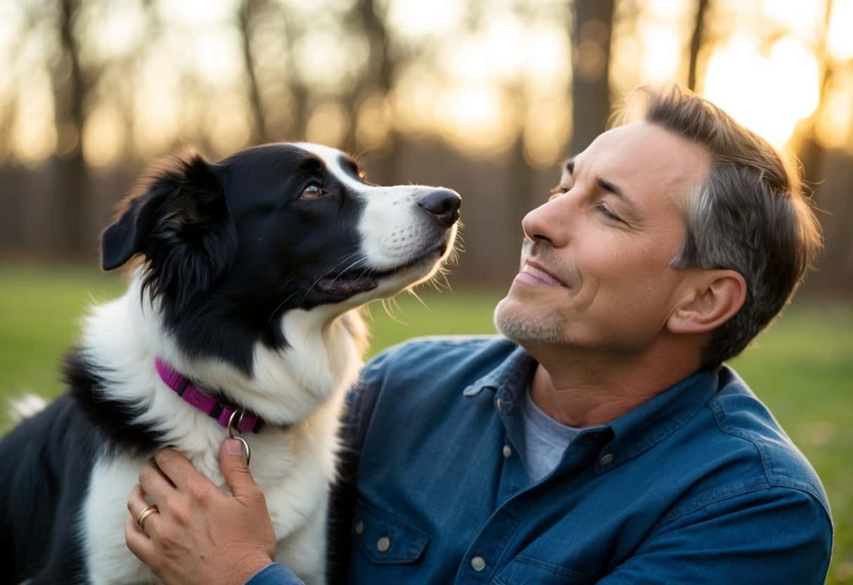 A border collie snuggles up to their owner, gazing up with adoration as they share a quiet moment together