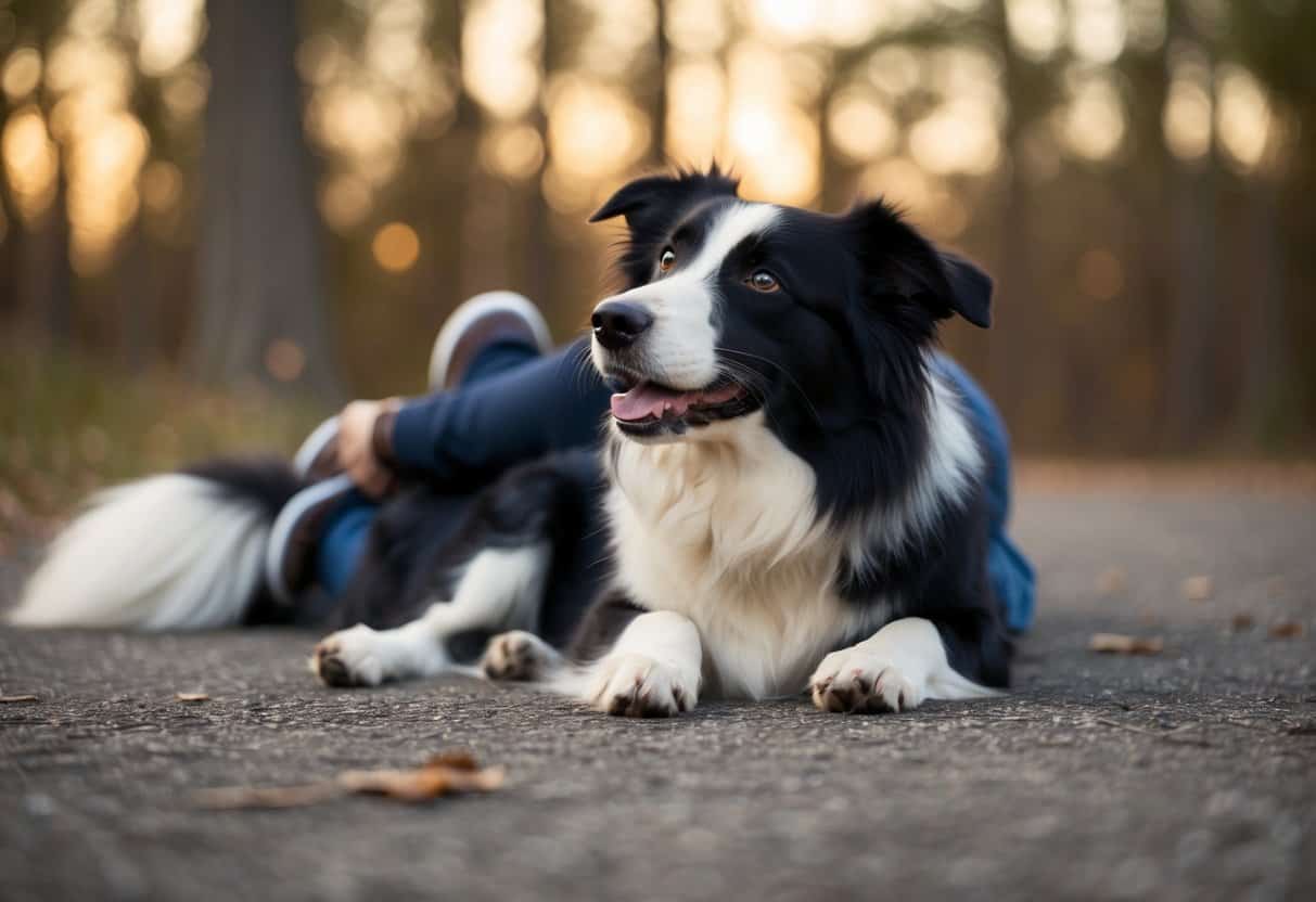 A border collie lying at the feet of one person while gazing up at them with adoring eyes, tail wagging eagerly