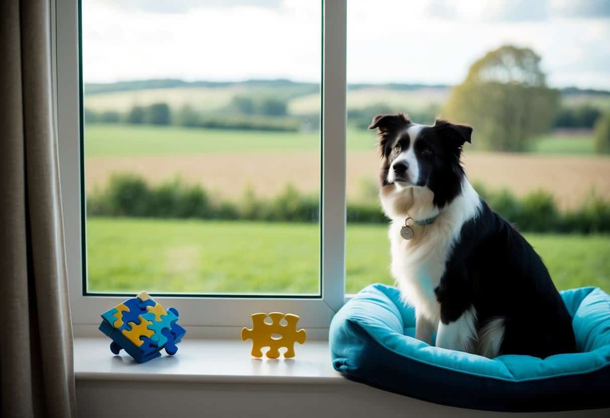 A border collie sits by a window, looking out at a peaceful countryside scene. A puzzle toy and a comfortable bed are nearby, providing entertainment and relaxation while home alone