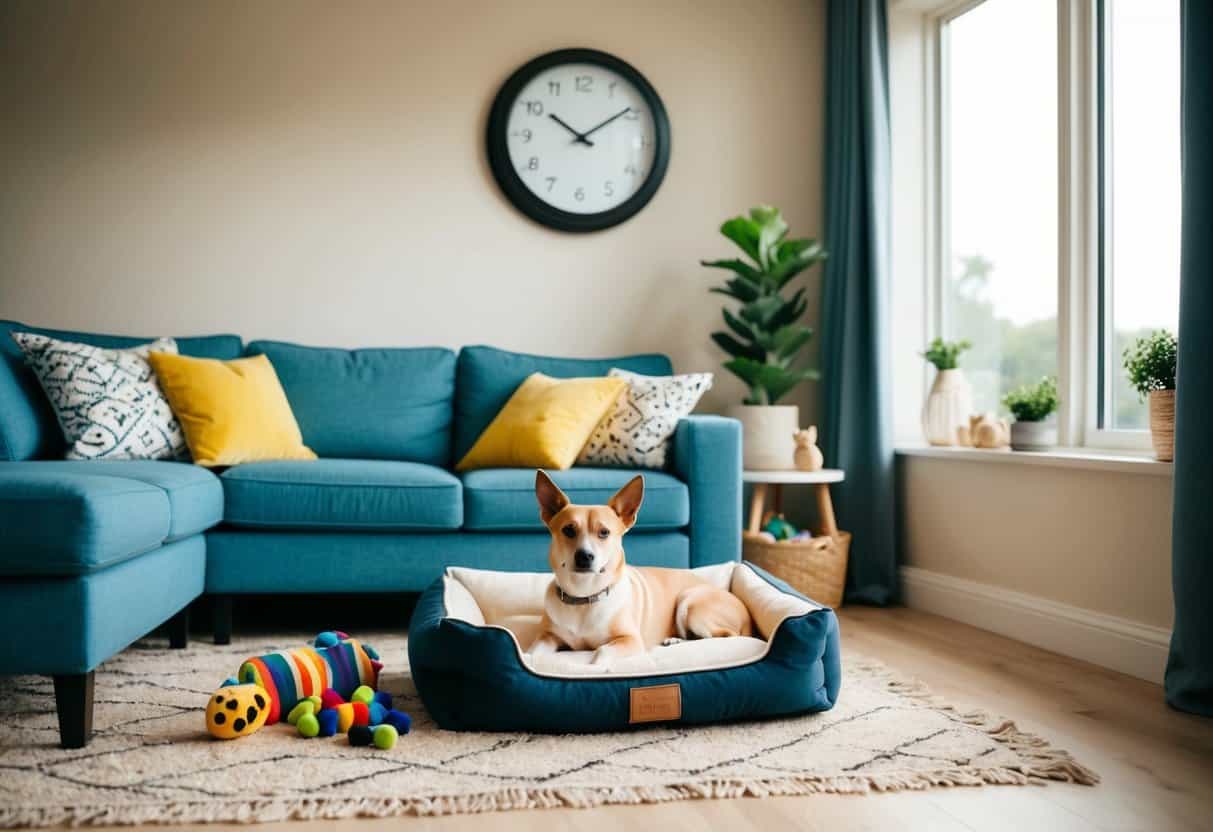 A cozy living room with a comfortable dog bed, toys, and a large window for natural light. A clock on the wall indicates the passing of time