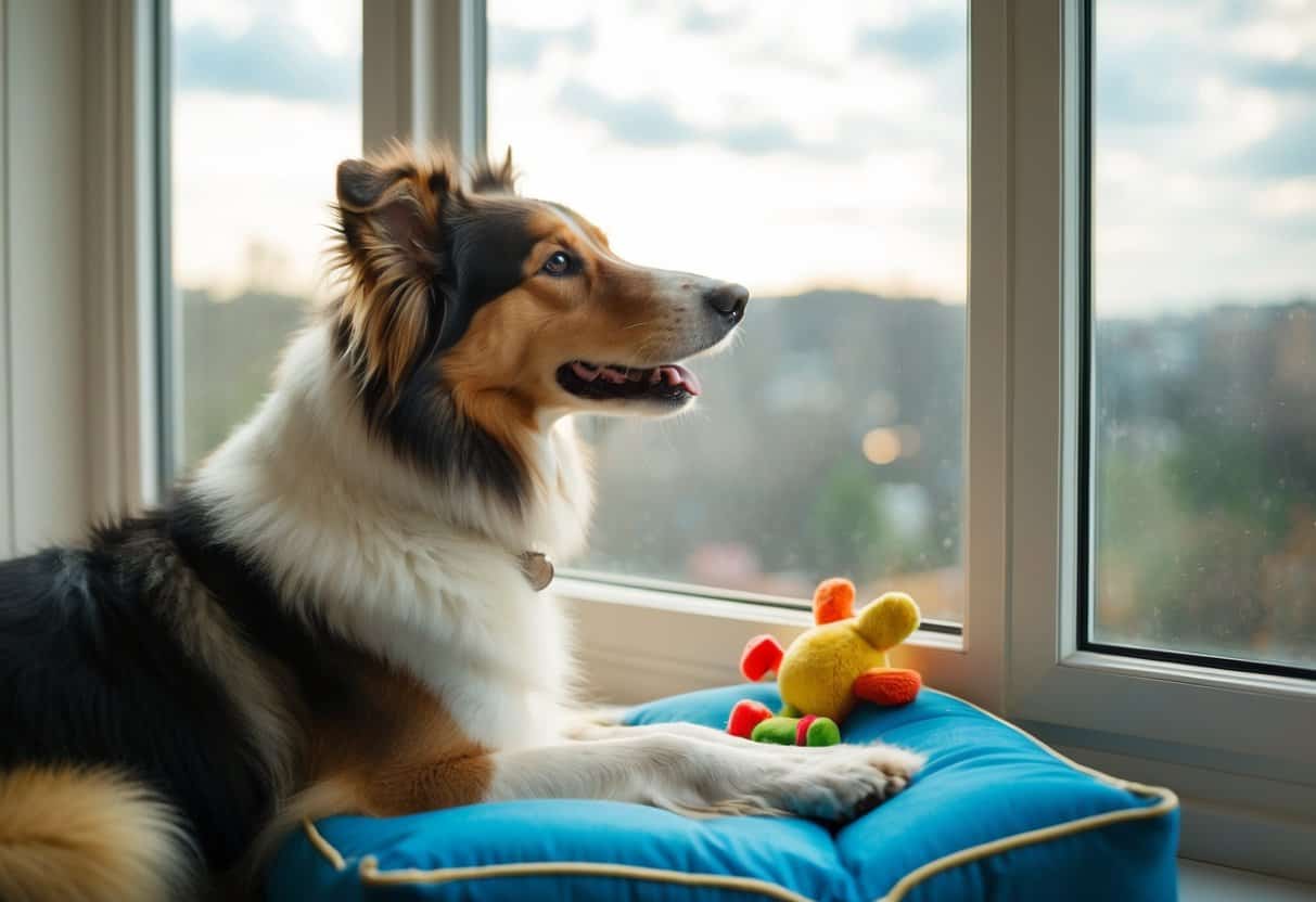 A Rough Collie sits by a window, looking out with a longing expression. Toys and a comfortable bed are nearby, but the dog seems to be waiting for someone to return