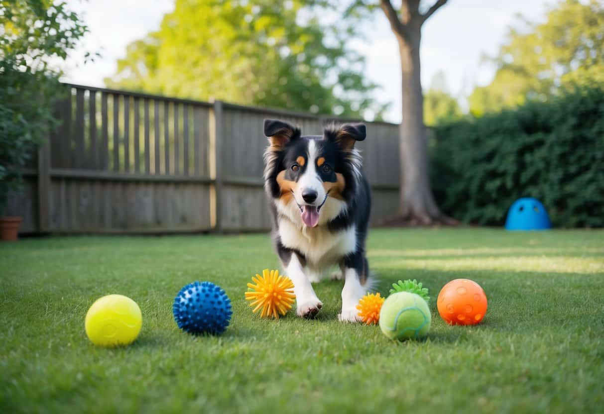A Rough Collie plays with a variety of stimulating toys in a spacious, fenced backyard, surrounded by trees and greenery