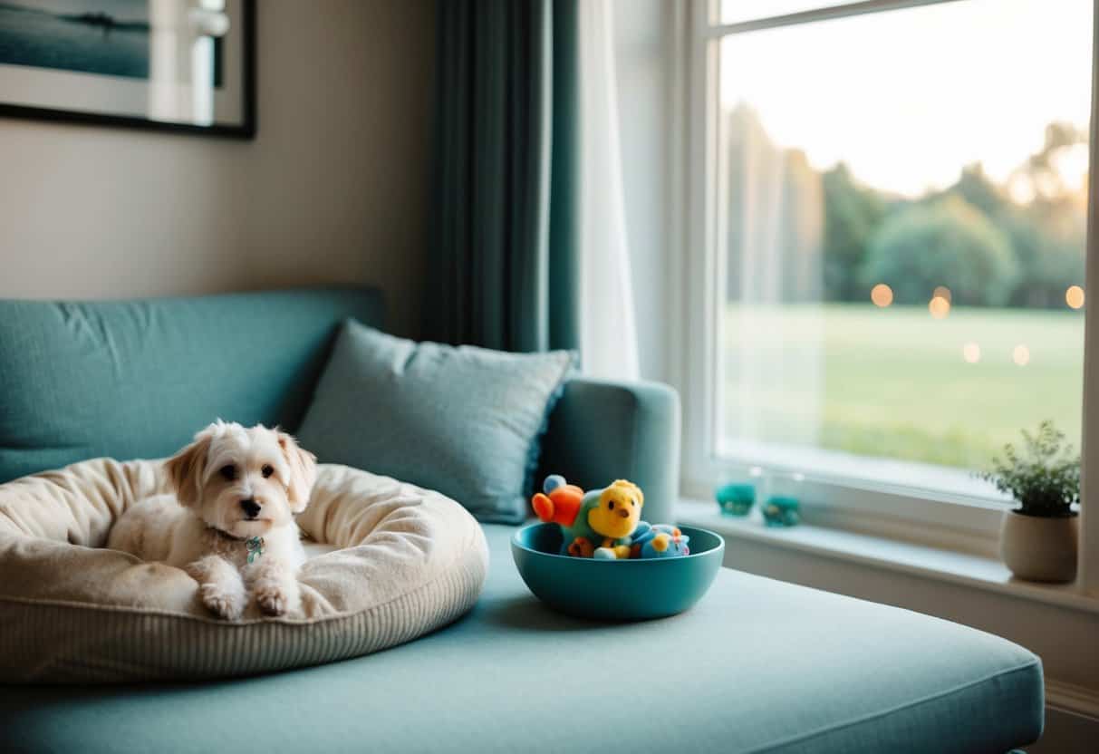 A cozy living room with a soft bed, toys, and a bowl of water, with a window showing a peaceful outdoor scene