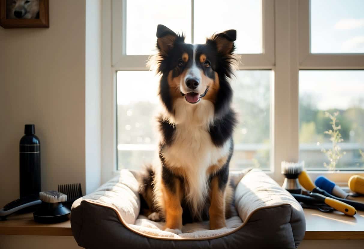 A rough collie sits patiently by the window, bathed in sunlight, surrounded by grooming tools and a comfortable bed