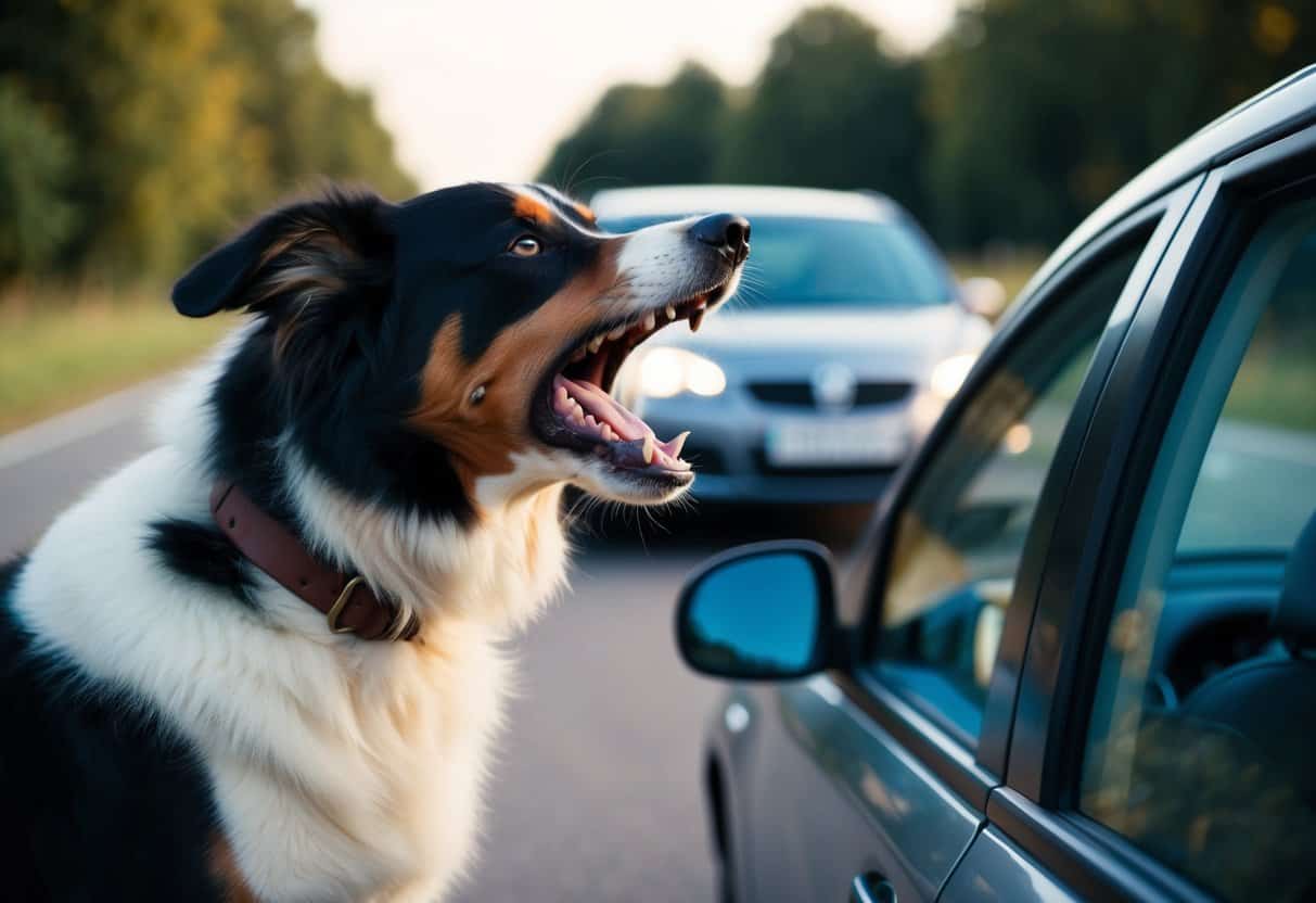 A border collie barking aggressively at a passing car, with raised hackles and a tense body posture