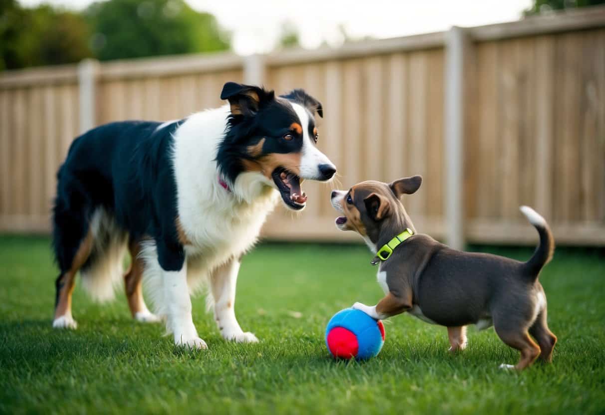 A border collie snarling at a smaller dog over a toy in a fenced backyard