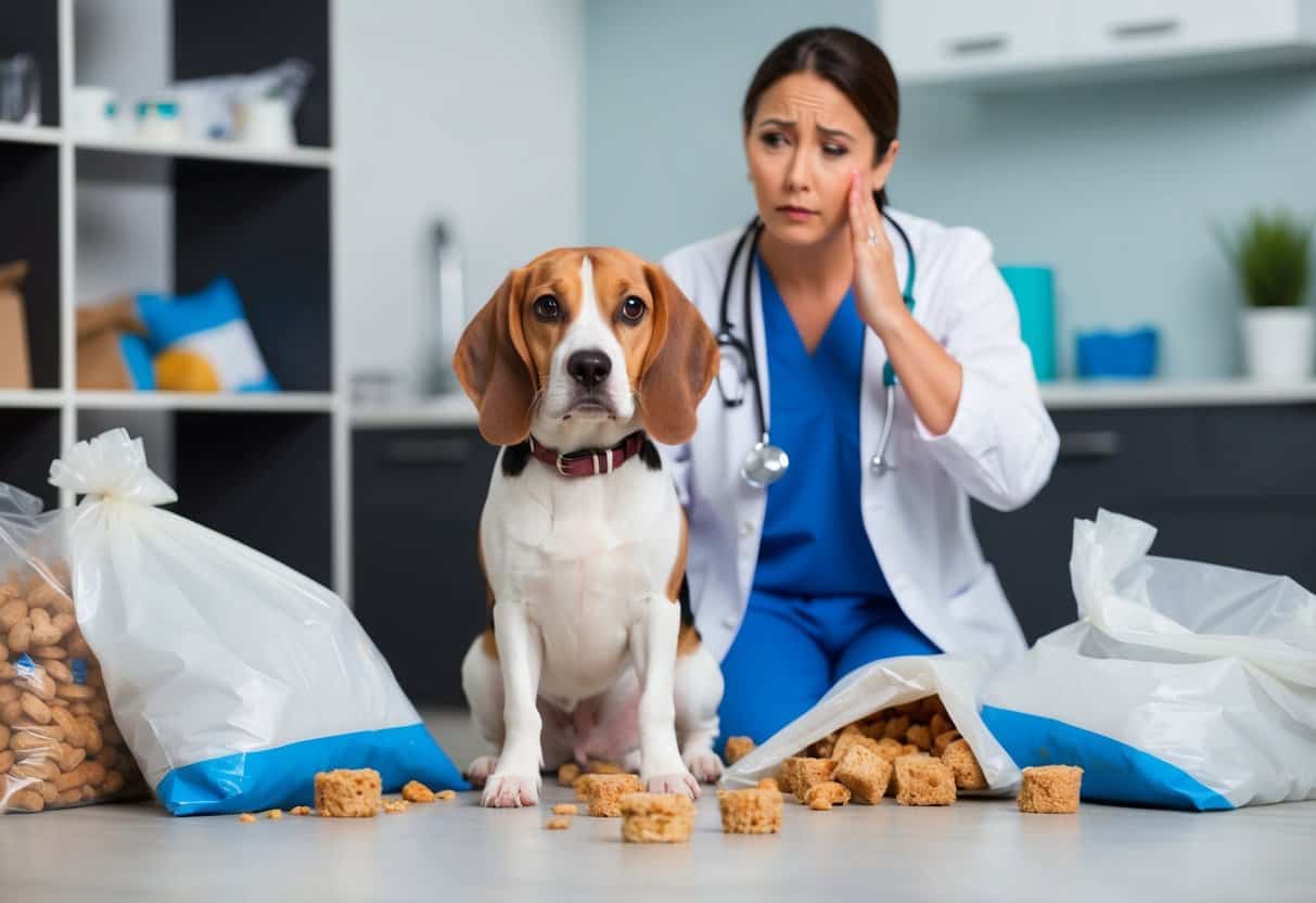 A beagle sits with a sad expression, surrounded by empty food bags and chewed-up furniture. A veterinarian shakes their head disapprovingly