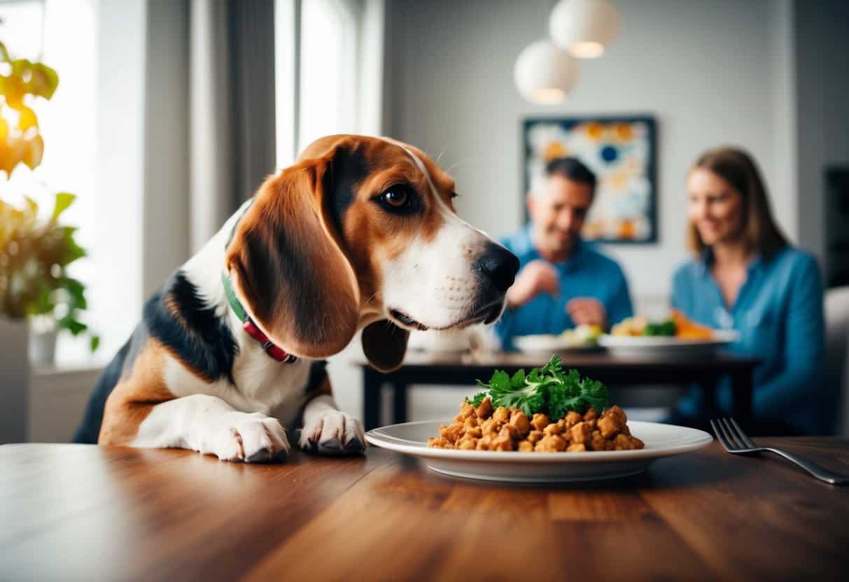 A beagle looking longingly at a forbidden table of food, while a family eats at a distance