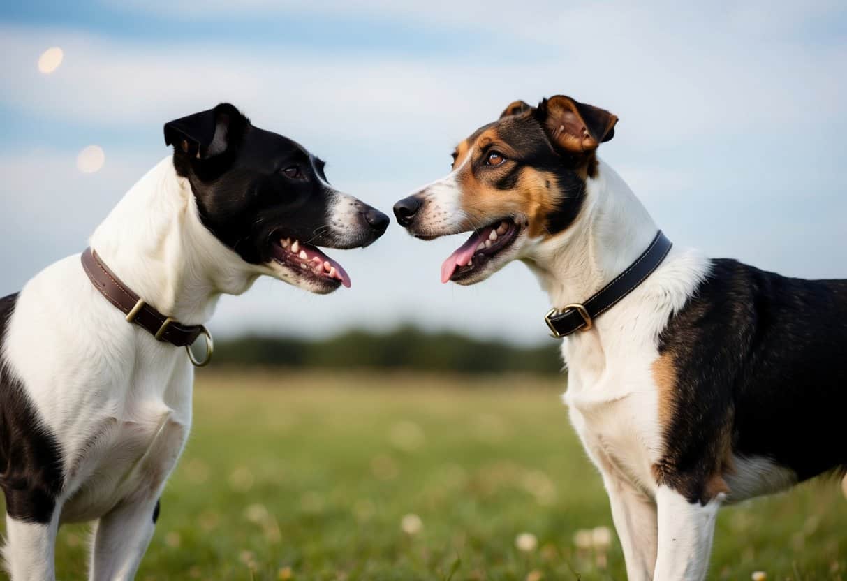 A Border Terrier stands confidently, ears alert, facing off with another dog