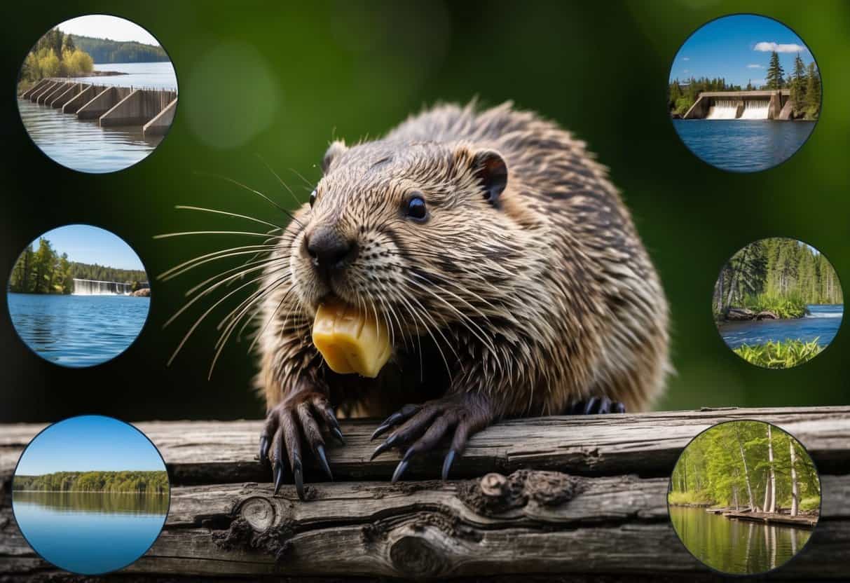 A beaver gnaws on a wooden log while surrounded by images of dams, trees, and other iconic symbols of its habitat