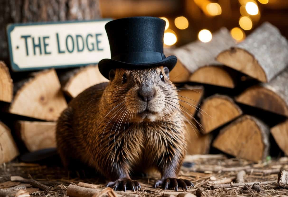 A beaver wearing a top hat and monocle, sitting in a cozy den surrounded by piles of wood and a sign that reads "The Lodge."