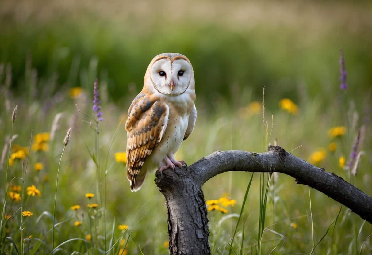 A barn owl perched on a tree branch in a protected English woodland, surrounded by tall grass and wildflowers