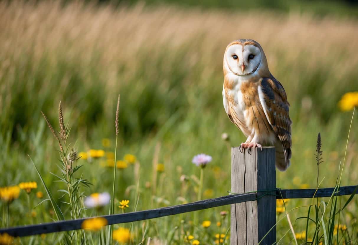 A barn owl perched on a wooden fence post, surrounded by tall grass and wildflowers in the English countryside