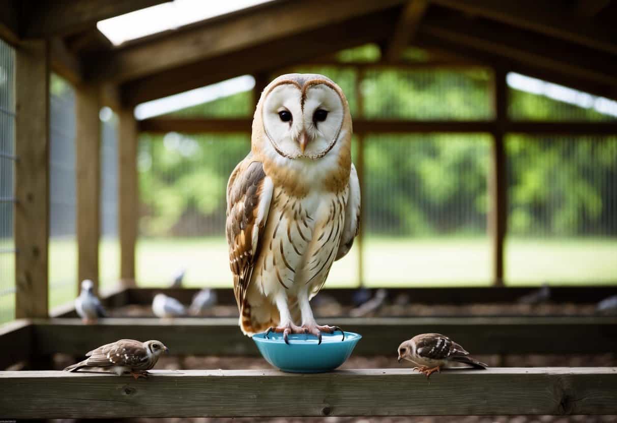 A barn owl perches on a wooden beam in a spacious aviary, surrounded by various types of prey and perched on a small bowl of water