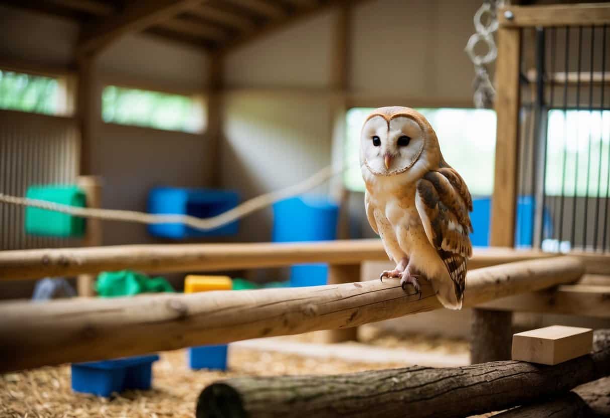 A barn owl perches on a wooden beam in a spacious enclosure, surrounded by various enrichment items such as perches, nesting boxes, and toys