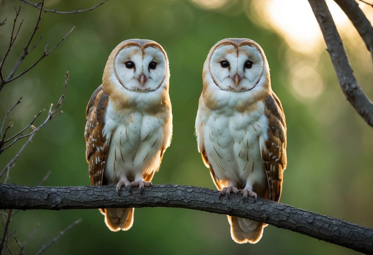 A pair of barn owls perched on a tree branch, with the male displaying a slightly smaller and paler appearance compared to the larger and darker female