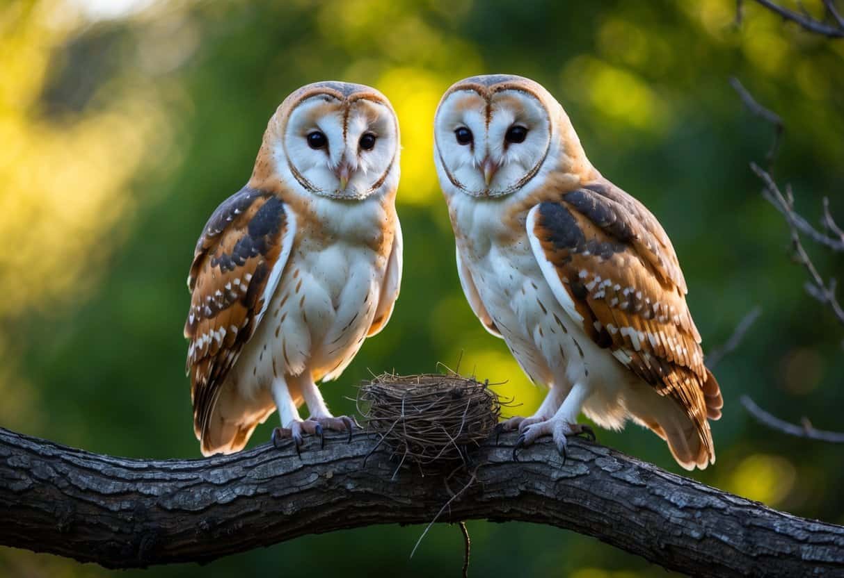 A pair of barn owls perched on a tree branch, with the female larger and more heavily marked than the male. The female is inspecting a potential nesting site while the male watches attentively