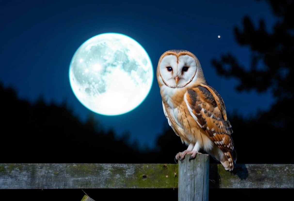 A moonlit night with a barn owl perched on a weathered fence post, its white heart-shaped face glowing in the darkness