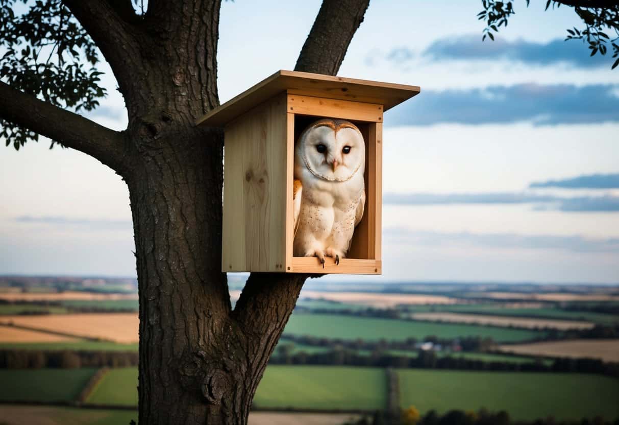 A barn owl box is mounted high in a tree, with the surrounding landscape of fields and open spaces visible below