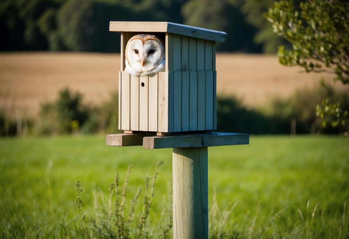 A barn owl box mounted on a tall wooden post in a grassy field, surrounded by trees and shrubs