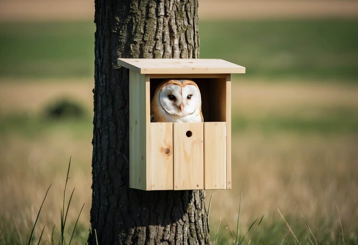 A barn owl box is mounted high in a tree, surrounded by open grassland. The box is made of wood and has a small entrance hole near the top