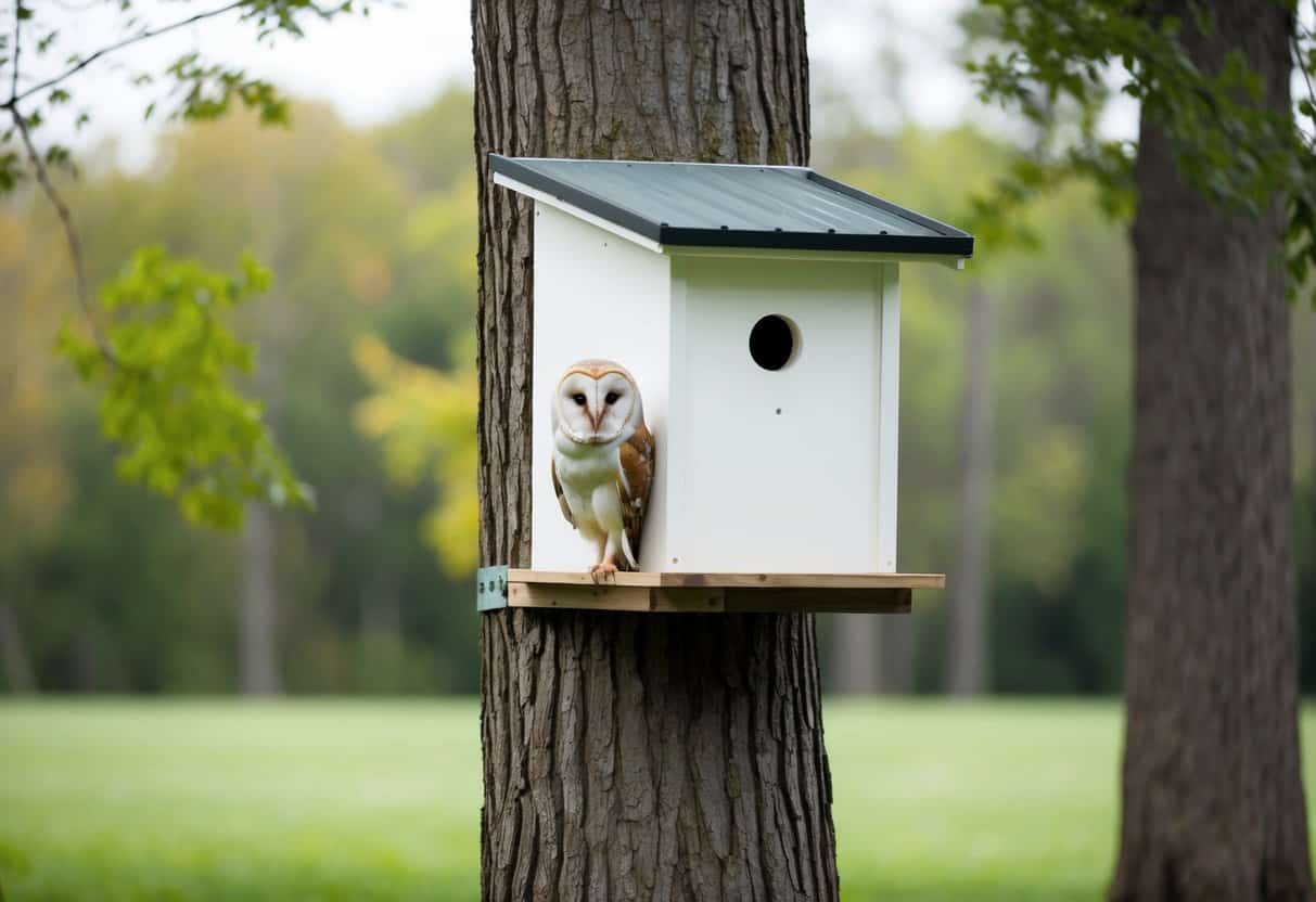 A barn owl box is mounted on a tall tree trunk, positioned at least 10-15 feet above the ground. The box is secured with durable hardware and faces away from prevailing winds