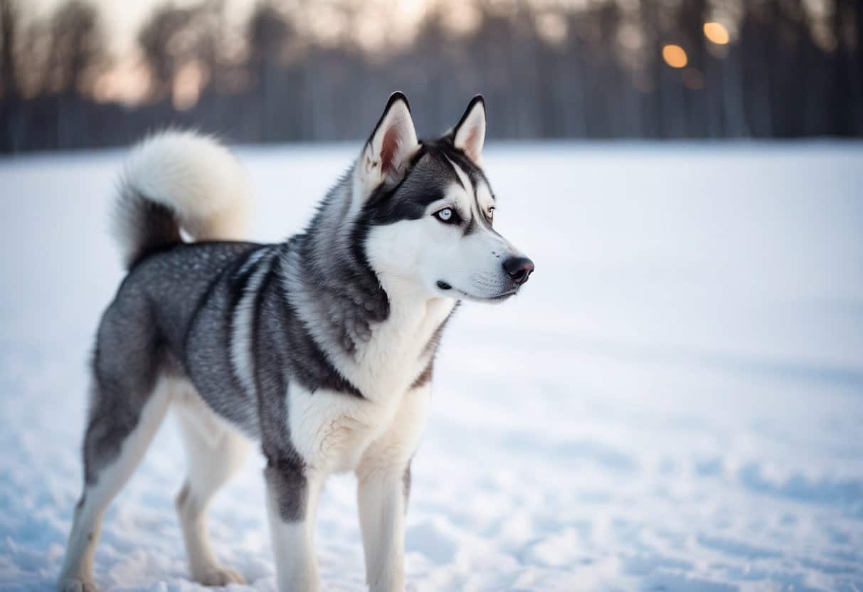 A husky with a thick double coat stands in the snow, its pointed ears erect and its tail curled over its back. It gazes off into the distance with alert, intelligent eyes