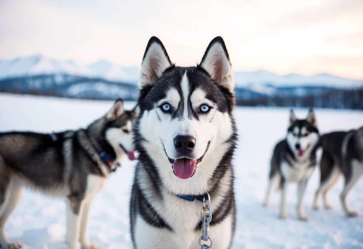 A husky with blue eyes standing in a snowy landscape, surrounded by other huskies