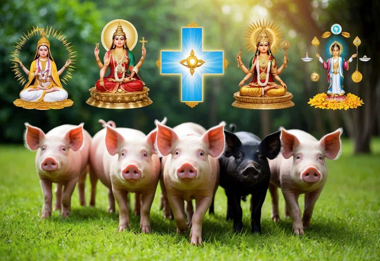A group of pigs roam freely in a lush, clean environment, surrounded by symbols of purity and reverence from various cultures and religions