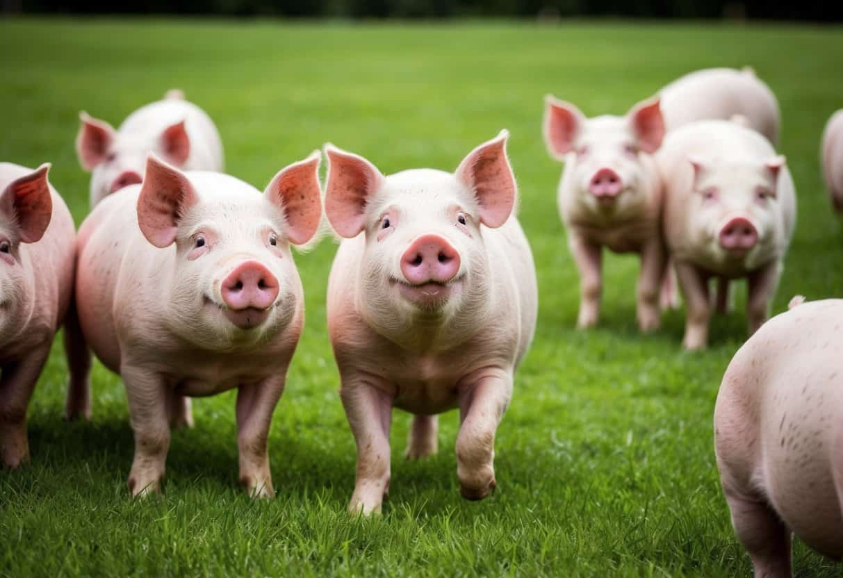 A group of pigs frolicking in a lush green pasture, displaying their round bodies and cheerful demeanor