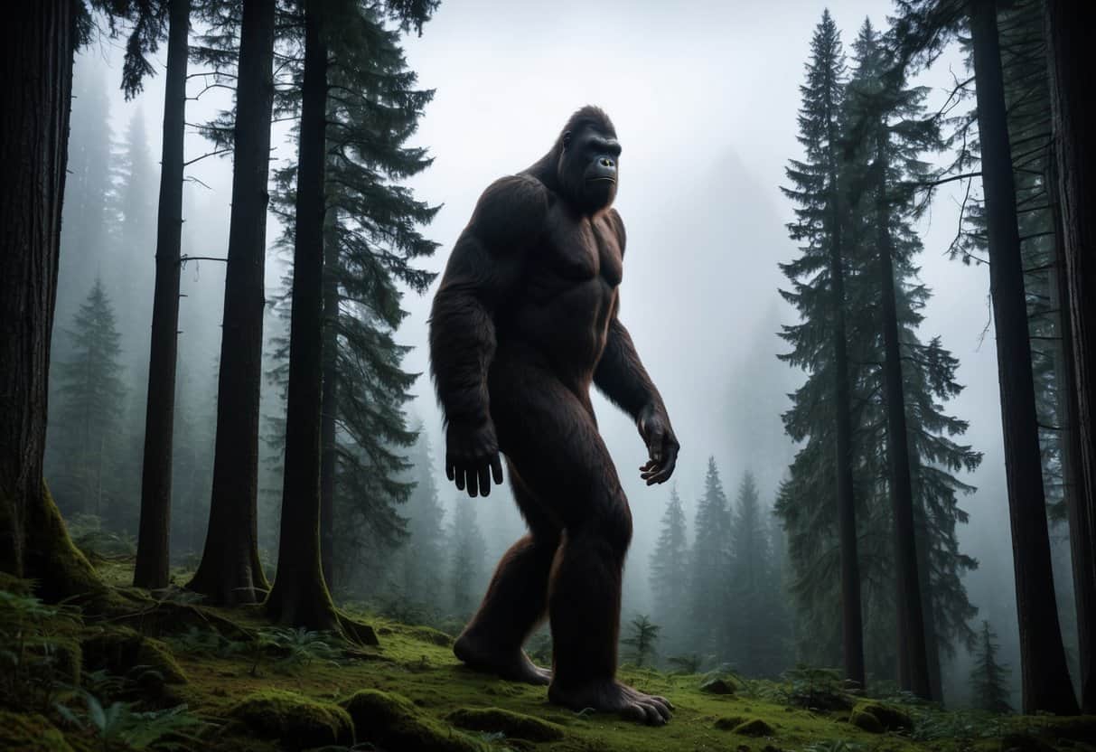 A towering Bigfoot stands in a dense forest, surrounded by towering trees and a misty atmosphere, gazing into the distance with a sense of mystery and wonder