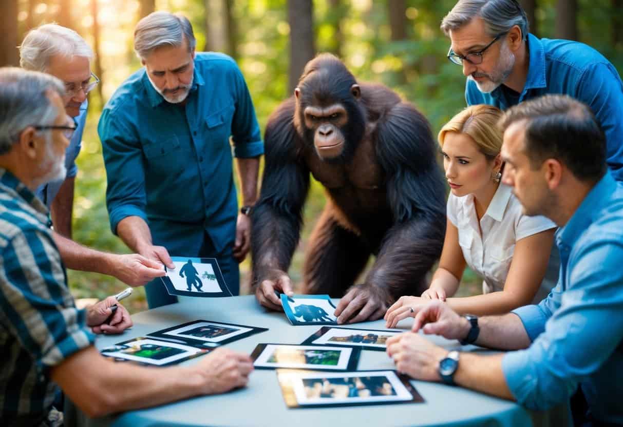 A group of bigfoot enthusiasts and researchers gathered around a table, examining pictures and discussing whether bigfoot is an ape
