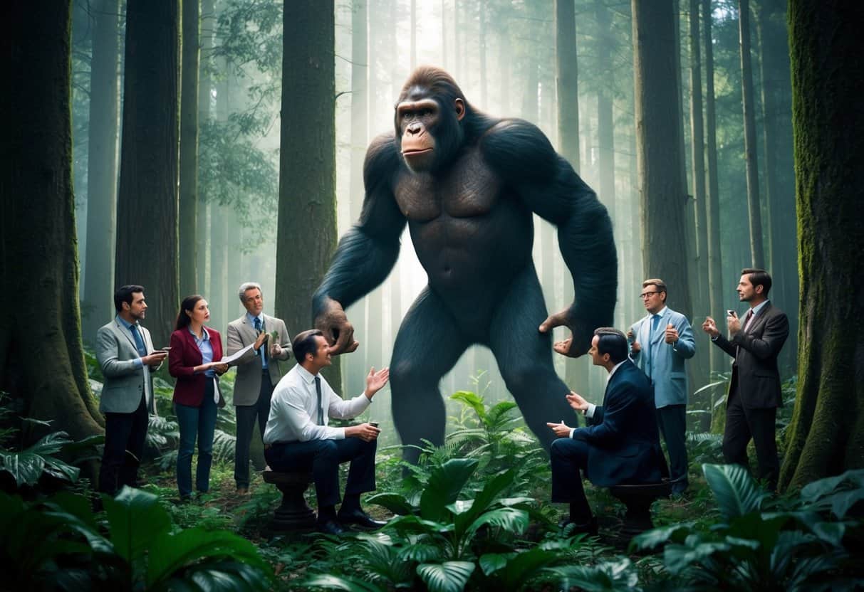 A dense forest with a towering figure resembling an ape, surrounded by curious onlookers and scientists engaged in a heated debate
