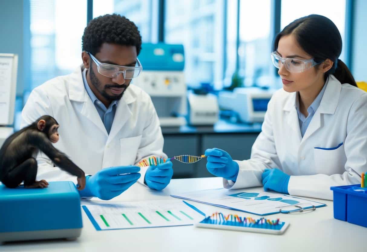 A scientist in a lab examines a genetic sequence, with a chimpanzee and human DNA strands side by side. Equipment and charts surround them