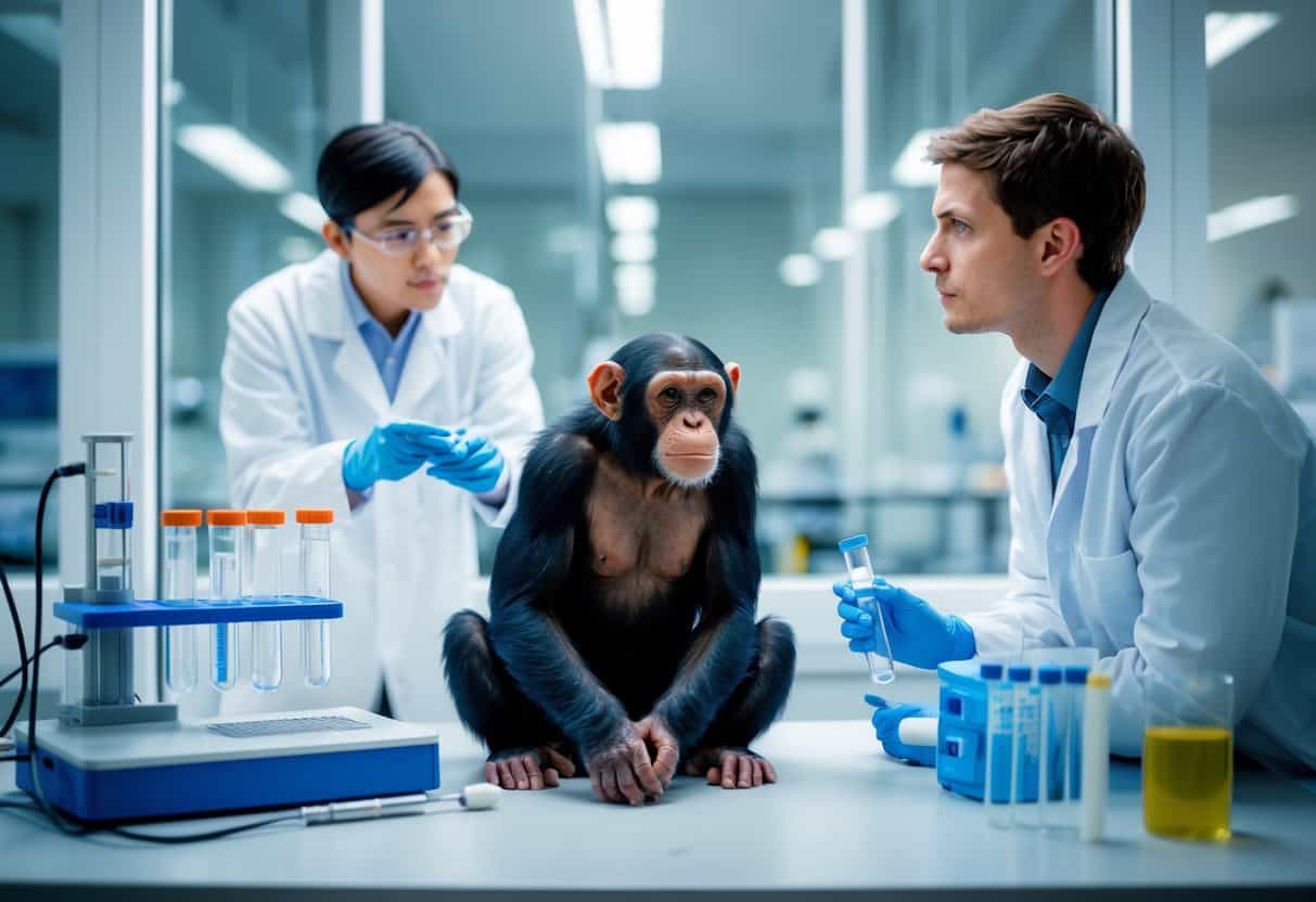 A chimpanzee and a human-like figure sit in a laboratory, surrounded by genetic sequencing equipment and test tubes. A scientist observes them through a glass window
