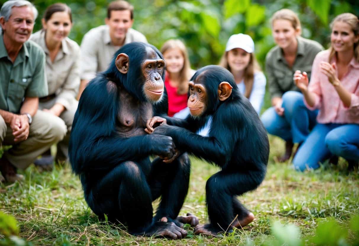 A chimpanzee and a child playing together in a natural setting, surrounded by curious onlookers and scientists