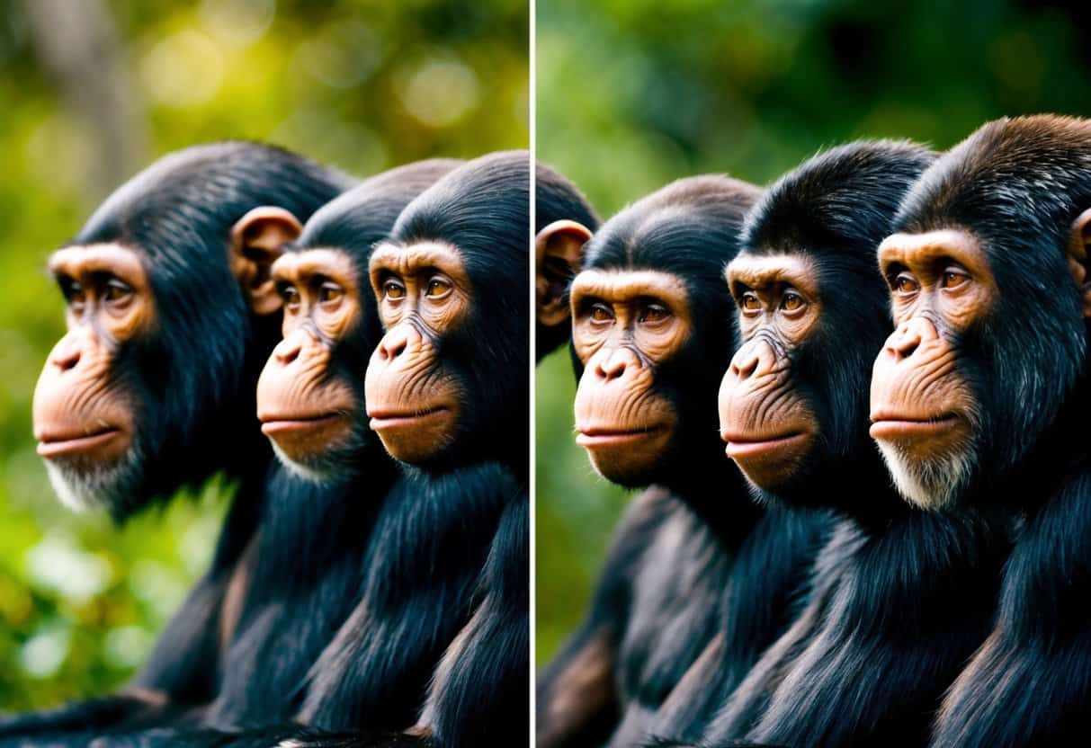 A group of apes and humans are shown side by side, with the apes displaying simpler tools and behaviors while the humans exhibit more advanced cognitive abilities and complex social interactions