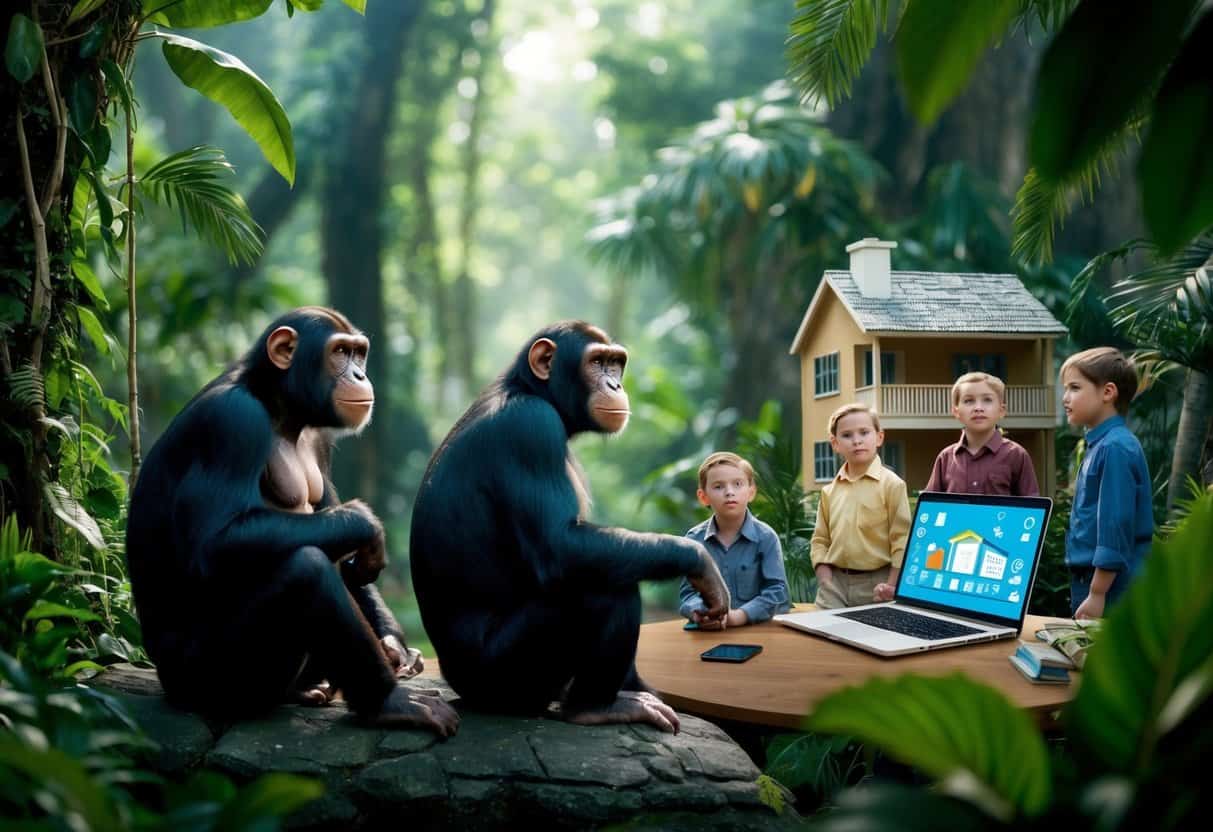 Apes in a jungle setting, observing humans in a structured society with schools, homes, and technology
